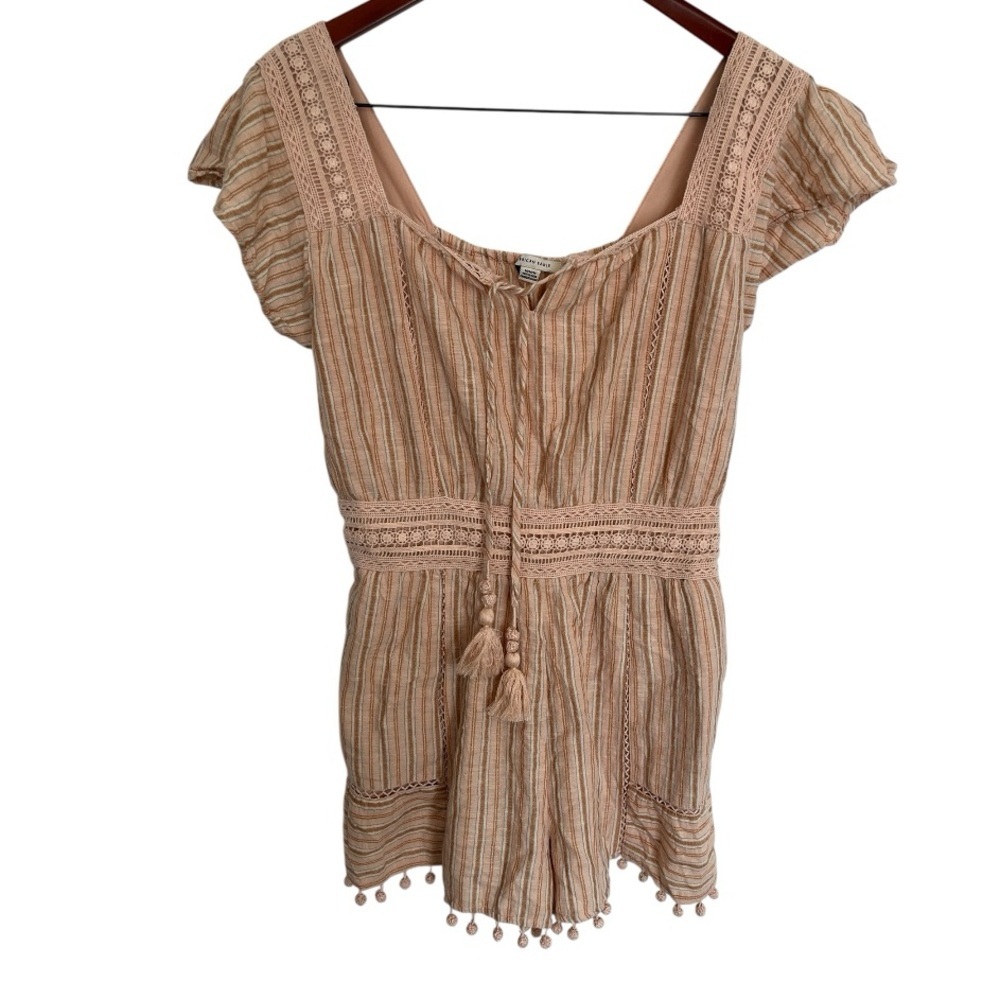 Women’s Beige Striped Romper with Tassel Tie